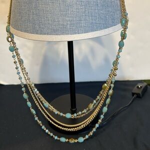 Turquoise and iridescent bead multi strand necklace gold tone Fashion jewelry